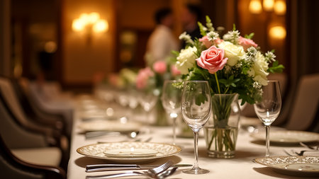 A beautifully arranged table features delicate flowers and sparkling glasses, creating a romantic atmosphere for a special dinner in an elegant restaurant setting.の素材