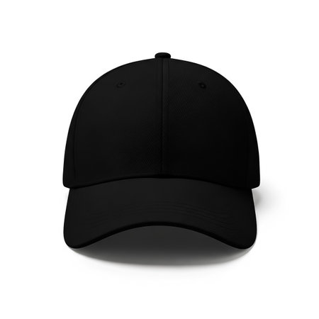 A black baseball cap rests flat against a light background, showing its minimalist design. This accessory is suitable for casual wear and everyday style.の素材