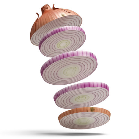 An onion is sliced into multiple layers, revealing its distinct purple and white rings. The display emphasizes the natural patterns and textures of the vegetable.の素材