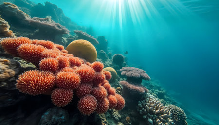 Colorful coral formations stretch across the ocean floor, illuminated by sunlight filtering through the water. Small fish swim among the corals in this lively underwater environment.の素材
