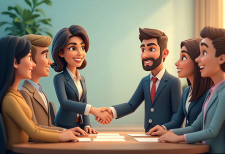 A group of six business professionals are seated at a round table in a conference room, smiling and interacting.の素材