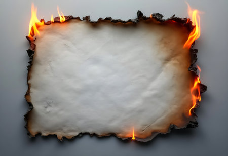 A sheet of paper with burnt edges is surrounded by small flames, giving a dramatic look. The white center remains intact while the outer parts are charred. No distractions in the background.の素材