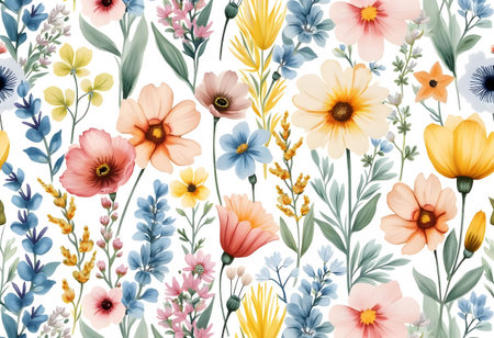 A diverse array of spring flowers is displayed in vibrant colors, showing blooms such as poppies, daisies, and wildflowers. The design captures the essence of a lively garden.の素材