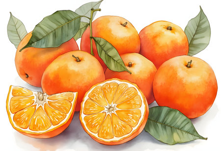 Seven fresh oranges are arranged with one sliced in half, revealing juicy segments. Green leaves complement the bright oranges, highlighting their freshness and colorfulness.の素材