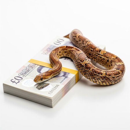 A snake is coiled casually on top of a stack of fake banknotes in a well-lit studio environment. The smooth surface enhances the contrast between the snake's scales and the paper.の素材