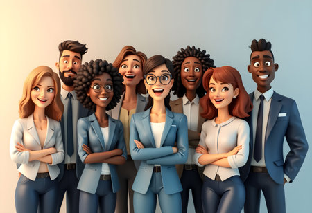 A group of nine diverse professionals stands together with joyful expressions in a well-lit office. They are dressed in smart business attire, showcasing camaraderie and teamwork.の素材