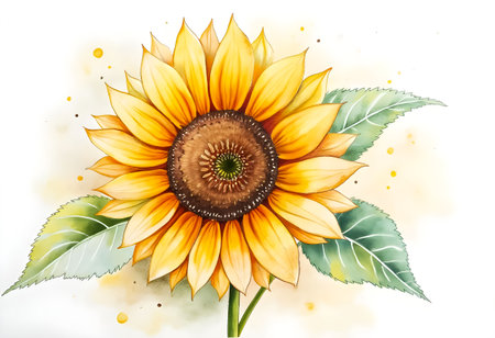 A stunning sunflower displays its bright yellow petals and detailed center, surrounded by green leaves and gentle splashes of color in the background, capturing a warm and cheerful vibe.の素材