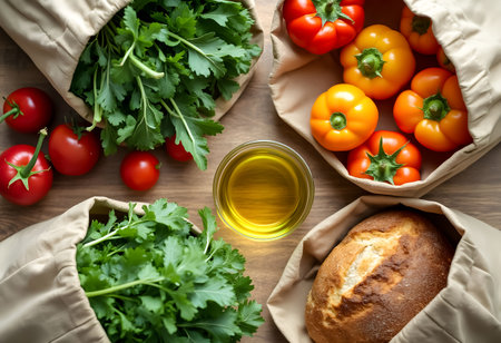 Bright red and yellow tomatoes sit alongside fresh herbs, a jar of oil, and a loaf of bread arranged on a wooden surface, perfect for preparing a healthy meal.の素材