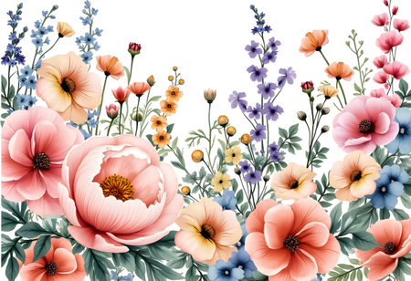 A vibrant display of different flowers in multiple colors, including pink, purple, and orange, creating a lively feeling. The arrangement showcases nature's beauty with detailed petals and leaves.の素材