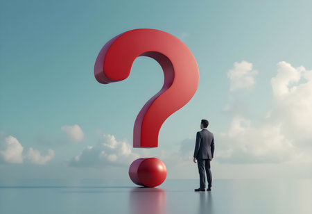 In a serene atmosphere, a businessman stands in formal attire, gazing thoughtfully at a giant red question mark. The clouds add depth to the tranquil sky.の素材