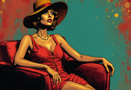 A woman exudes confidence while seated in a red armchair, wearing a vivid red dress and a wide-brimmed hat. The colorful backdrop enhances her striking appearance.の素材