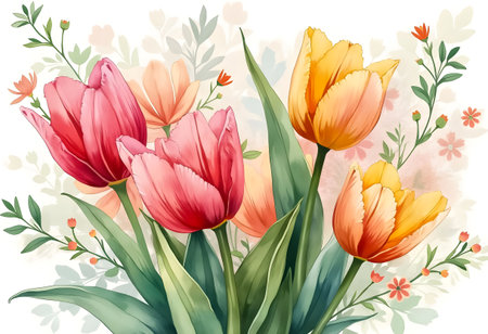 A vibrant bouquet pink features, red, and yellow tulips surrounded by delicate greenery and small flowers, embodying the essence of spring and the beauty of nature.の素材