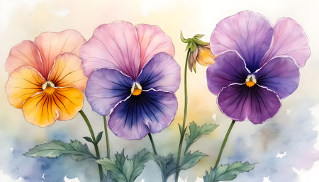 Three stunning pansy flowers appear in shades of purple, blue, and yellow, surrounded by delicate leaves. This vibrant illustration captures the essence of spring's beauty and freshness.の素材