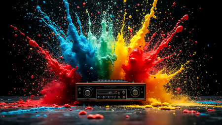 Colorful splashes of paint envelop a vintage radio, creating a dynamic and lively atmosphere. This artistic moment showcases vibrant hues against a dark backdrop, highlighting creativity.の素材