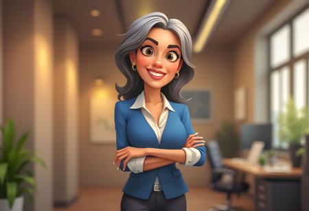 A confident businesswoman with gray hair and a blue blazer smiles while standing in a modern office filled with natural light. The workspace features plants and modern decor.の素材