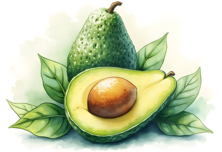 Two ripe avocados are presented, one whole and one cut in half, revealing creamy green flesh and brown pit, surrounded by lush green leaves, highlighting their natural freshness.の素材