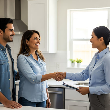 A couple shakes hands with a real estate agent in a bright kitchen. They discuss home buying options while the agent holds a clipboard and shares information during the meeting.の素材
