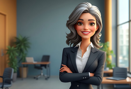 A skilled businesswoman stands confidently with arms crossed, smiling in a contemporary office filled with plants and ample sunlight. The setting reflects a professional work environment.の素材