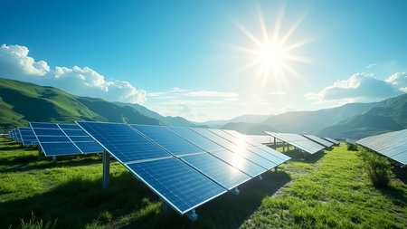 Rows of solar panels are set in a lush green field, capturing sunlight amid mountains. The sun shines brightly in a clear sky, showing renewable energy efforts.の素材