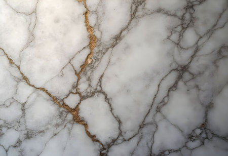 Close-up view of pristine white marble featuring striking golden veins. The unique patterns highlight the elegance and sophistication of the stone, perfect for luxurious designs.の素材