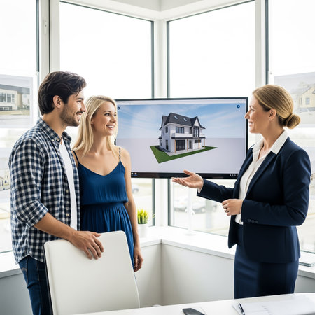 A young couple is engaged in a discussion with a real estate agent about modern house designs. They are in a well-lit office with a large screen displaying a 3D home model.の素材
