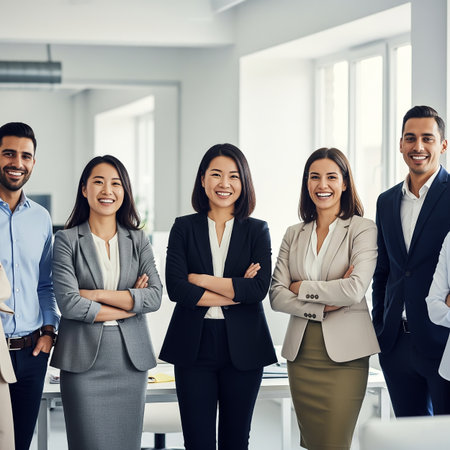 A diverse group of professionals stands confidently in a bright office space. They smile and display teamwork, indicating a positive work environment focused on collaboration.の素材