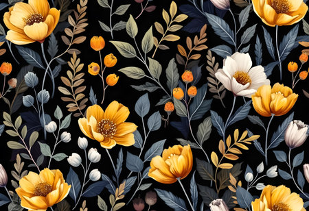 A vibrant arrangement of yellow and white flowers intertwined with green leaves creates a striking decorative pattern on a black background, showing nature's beauty.の素材