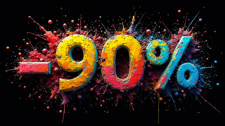 Vibrant splashes of color surround the bold text reading 90 percent off, creating an eye-catching visual for a promotional sale event. Perfect for grabbing attention.の素材