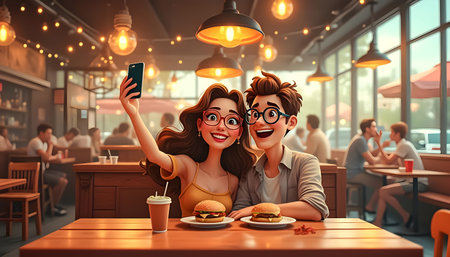 A cheerful couple takes a selfie together at a lively restaurant filled with patrons. They are seated at a wooden table with burgers and a drink in front of them, smiling brightly.の素材