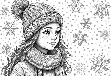 A cheerful girl is seen wearing a knitted hat and a warm scarf amidst falling snowflakes. Her bright expression captures the joy of winter. The background features various snowflakes.の素材