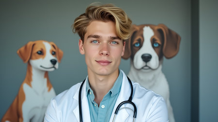 A young veterinarian stands confidently in a veterinary clinic with a stethoscope around his neck. Behind him are two friendly dog portraits, creating a warm atmosphere.の素材