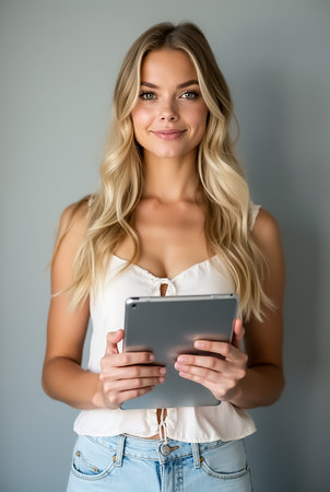 A young woman with flowing blonde hair stands against a gray wall, smiling confidently as she holds a tablet close to her chest. The lighting emphasizes her cheerful expression.の素材