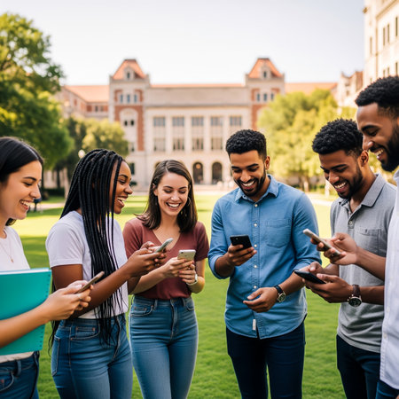 Friends gather in a university courtyard on a sunny day, laughing and sharing experiences while checking their smartphones. The atmosphere is lively and joyful.の素材