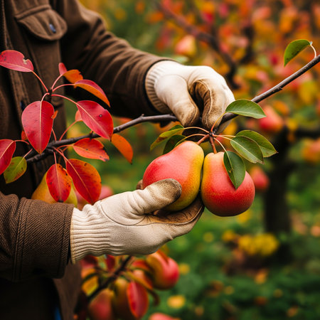 A person wearing gloves carefully picks ripe apples from a branch in an orchard filled with vibrant fall foliage. The scene captures the beauty of harvest time.の素材