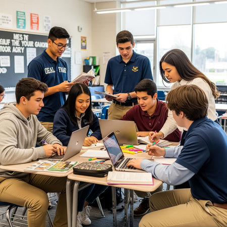 A group of students works together in a bright classroom, engaged in a project with laptops and colorful sticky notes. They share ideas and collaborate actively around a table.の素材