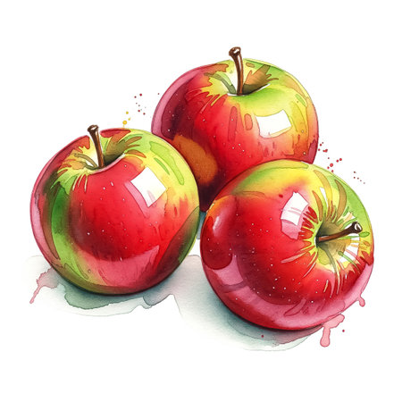 Three glossy apples in red and green hues are beautifully arranged. The watercolor painting captures their shiny surface and vibrant colors, creating an appealing look.の素材