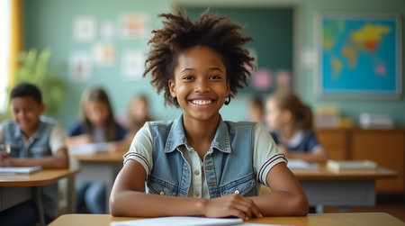 A young girl with curly hair sits at her desk, smiling brightly. Classmates are engaged in their work, and colorful educational materials decorate the walls.の素材