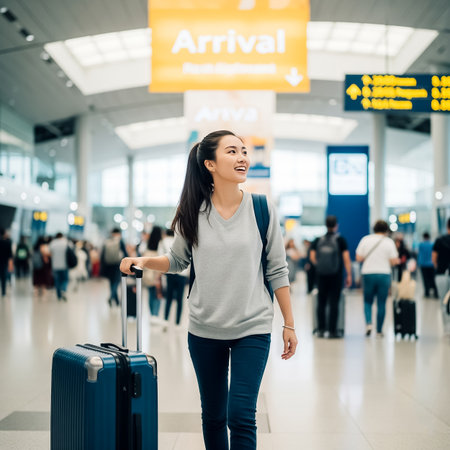 A young woman is walking through a busy airport terminal with a suitcase. She smiles as people move around her, and flight information signs are visible in the background.の素材