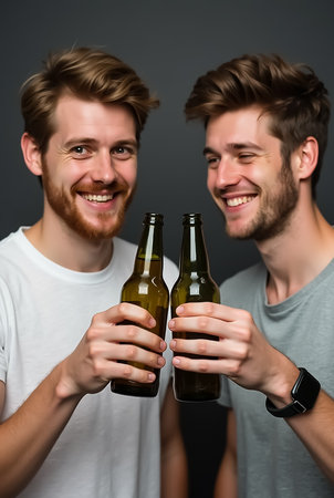 Two young men smile brightly while raising their beer bottles in a toast. They are in a relaxed indoor atmosphere, enjoying a moment of friendship and celebration.の素材