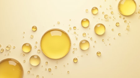 Yellow droplets of liquid of various sizes are arranged artistically on a pale background, reflecting light and creating a calming effect. The surface is smooth and minimalistic.の素材