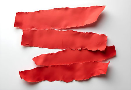 Bright red torn paper strips are arranged haphazardly on a clean white background. The contrasting colors create a vibrant visual ideal for various creative projects or artistic designs.の素材