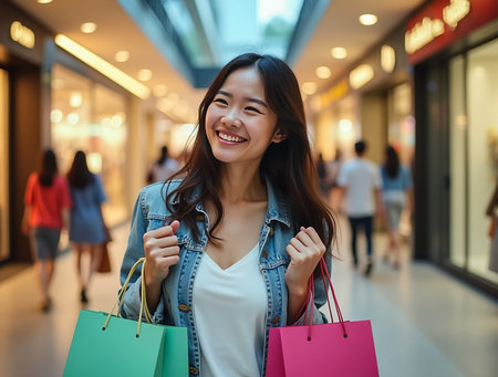 A happy young woman with long hair holds shopping bags in vibrant colors, surrounded by shoppers in a busy mall. Bright lights and shops create an inviting atmosphere.の素材