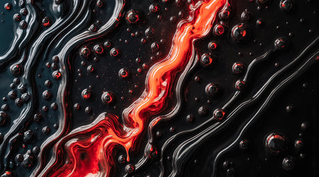 Vibrant red liquid flows through a dark, glossy background, creating dynamic patterns. Bubbles float and reflect light, enhancing the abstract design and visual intrigue.の素材