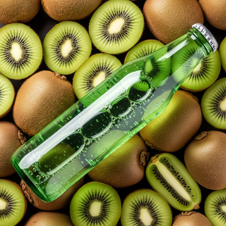 A clear sparkling beverage bottle sits among a pile of whole and sliced kiwis, showing their vibrant green insides and fuzzy brown exteriors.の素材