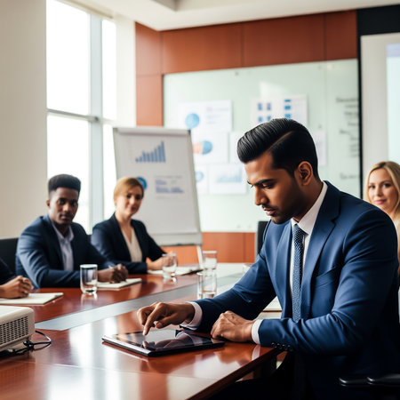 A group of professionals engage in a business meeting, discussing financial strategies. The features setting a conference room with charts and presentations. Men and women contribute actively.の素材
