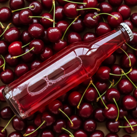 A clear bottle of cherry soda rests among an abundance of fresh, bright red cherries. The sunlight highlights the vibrant colors of the fruit, creating an inviting scene in a casual setting.の素材