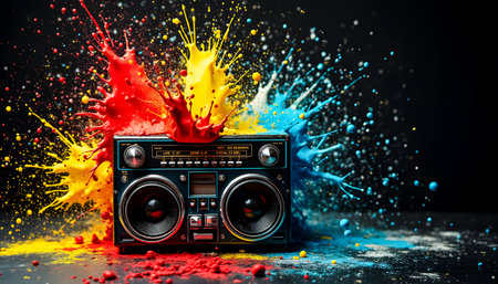A vibrant display of red, yellow, and blue paint bursts around a retro boombox set against a deep black background, showcasing an artistic explosion of color and sound.の素材