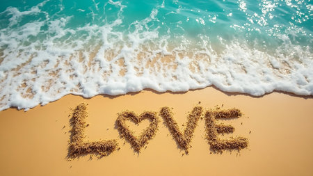 Warm sunlight reflects off the water as the word love is crafted in sand near the gentle waves. The beach setting evokes warmth and joy while symbolizing affection.の素材