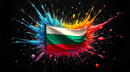 A Bulgarian flag stands boldly as vibrant colors explode in the background, showcasing artistic expression and national pride through vivid paint splashes.の素材