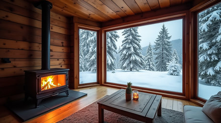 Warm light from a fireplace fills a wooden cabin while snow blankets the pine trees outside. The tranquil scene captures a perfect winter evening atmosphere.の素材